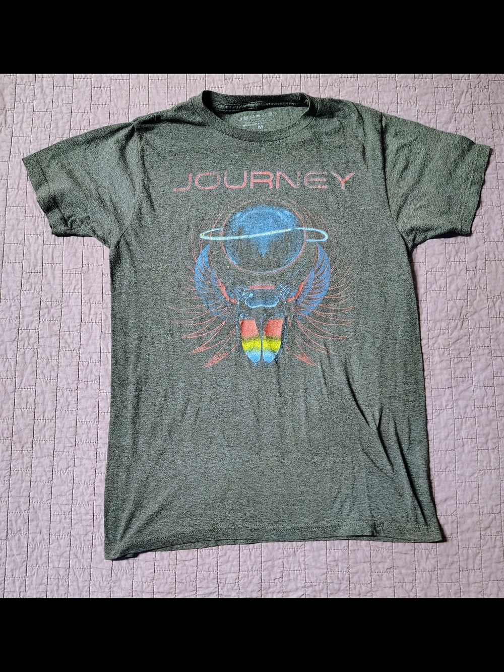 ​Journey Band T Shirt Mens Medium Charcoal Heather Winged Scarab Beetle Planet